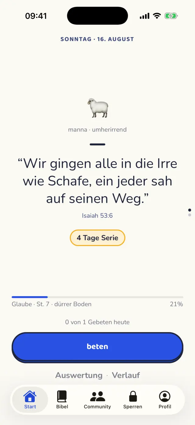 Der Startbildschirm mit dem Tagesvers und der Gebetsserie