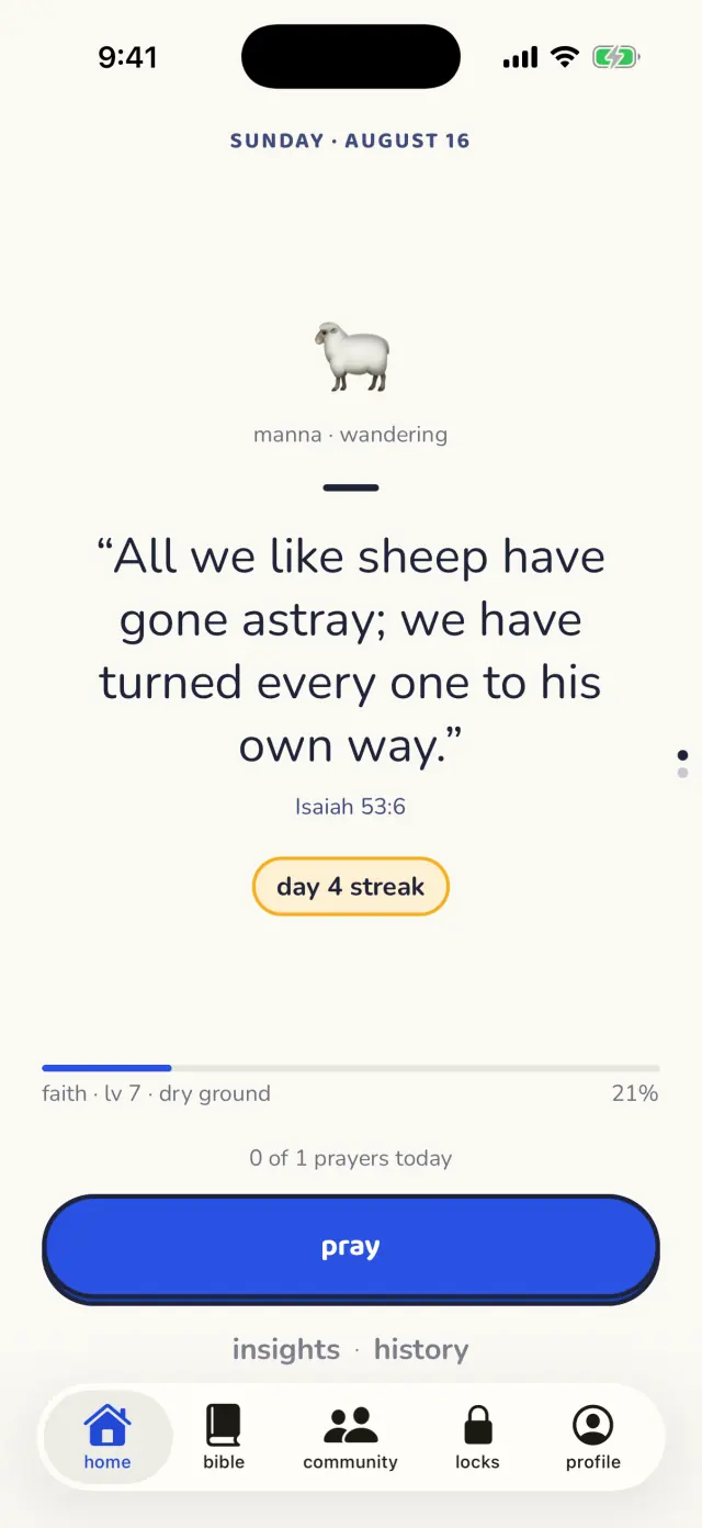 The home screen showing the verse of the day and a prayer streak