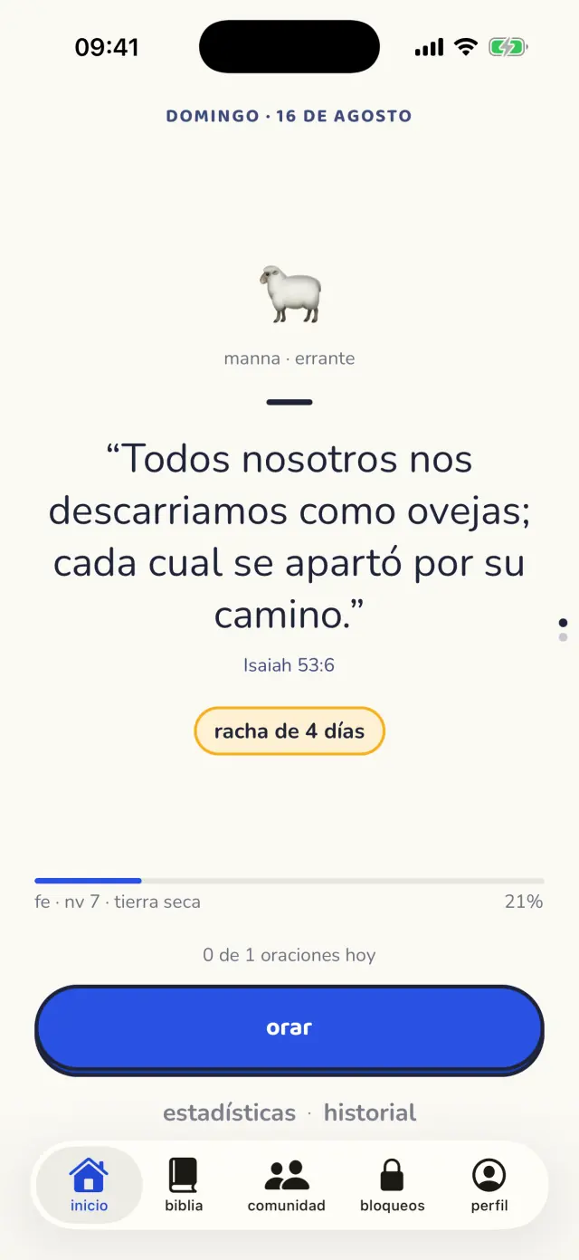 La pantalla de inicio con el versículo del día y la racha de oración
