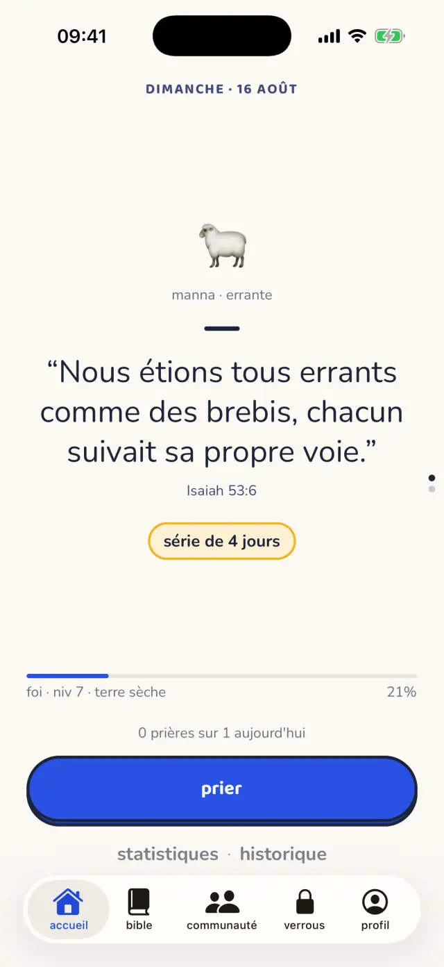 L'écran d'accueil avec le verset du jour et la série de prières