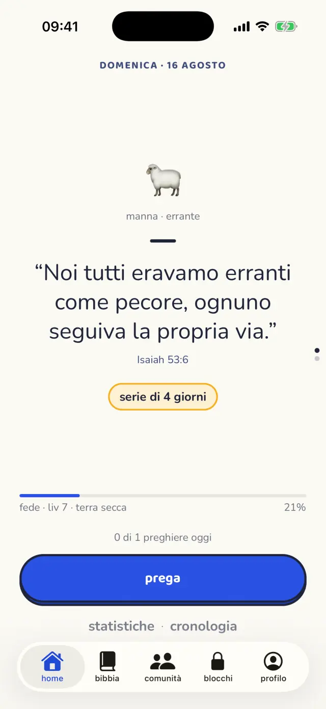 La schermata iniziale con il versetto del giorno e la serie di preghiere