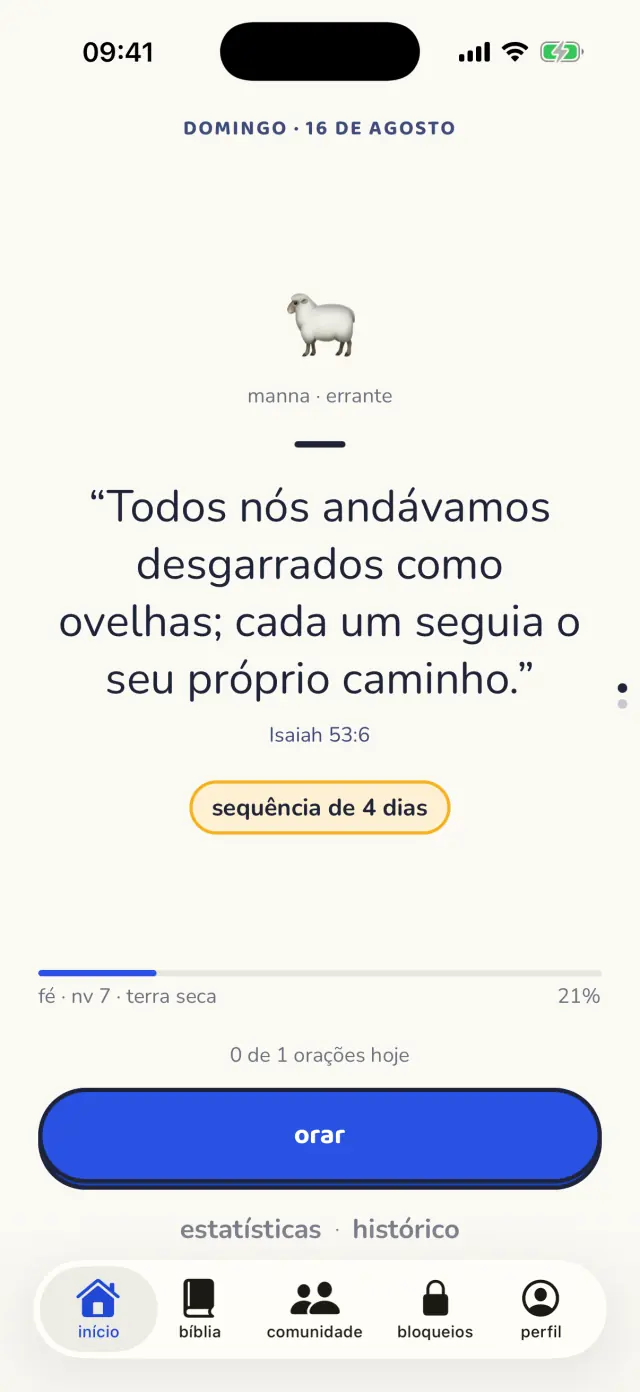 A tela inicial com o versículo do dia e a sequência de oração